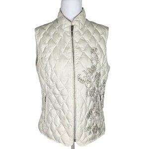 Eddie Bauer Cream Goose Down Vest with Floral Embroidery- Women's Med.